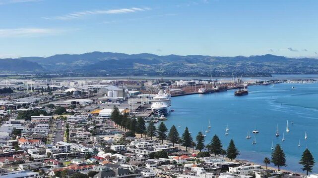 Aerial view of the city from the sea. Mount Maunganui in New Zealand