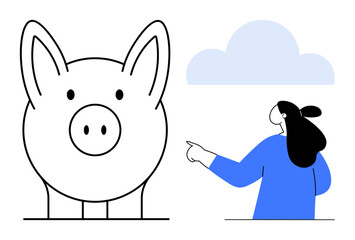 Person points towards a large piggy bank under a cloud, suggesting themes of saving and investments. Ideal for financial education, banking, personal finance, budgeting, and savings. Minimalist style