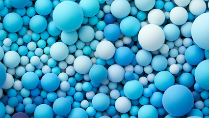 Many ocean blue bright color random soft balls background. Colorful balloons wall decoration of a children's festival. Huge pile of blue smooth gradient balls in various sizes. Vector background