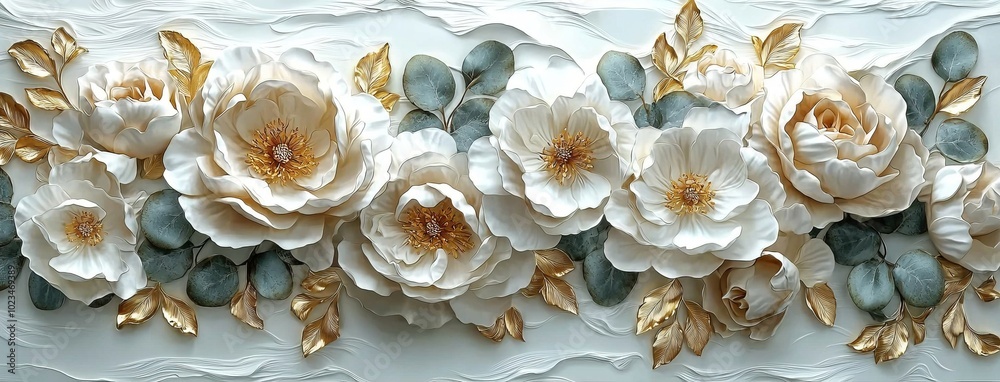 Sticker White wooden background with festive flowers. Overhead view.