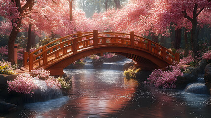 Scenic Wooden Bridge Over Stream in a Floral Forest Illustration