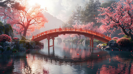Red Bridge Over a Calm Lake with Cherry Blossoms - 3d Illustration
