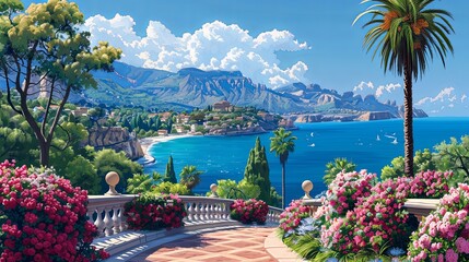 Mediterranean Landscape with traditional romantic belvedere in a park with a garden, flowering beds, palms, island and the sea in the background. Handmade drawing vector illustration