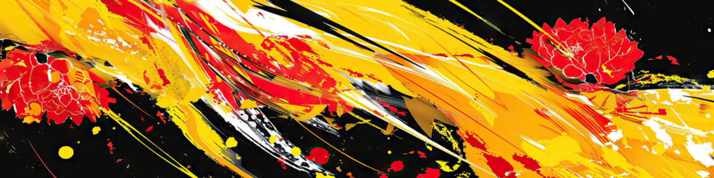 An abstract painting of a Japanese kimono pattern in vivid yellow and red on a black background.