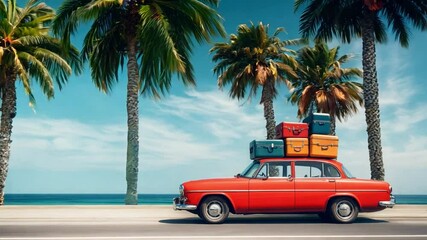 A vintage red car is cruising down a coastal road, topped with colorful luggage under a clear blue sky