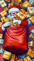 Santa Claus is surrounded by presents, sleeping soundly after a long night of delivering gifts.