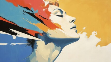 A vibrant abstract portrait of a woman with flowing colors, evoking emotion and introspection.