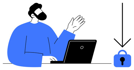 A man waves his hand while working on a laptop. A lock icon with a downward arrow suggests security. Ideal for cybersecurity, tech support, online safety, digital communication, work from home