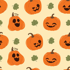 Happy Halloween day Jack o lantern seamless pattern. Spooky wallpaper of orange pumpkin in different spooky faces. Creepy jack o lantern illustration for fabric, tile, wrapping, poster, sticker.