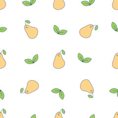 Seamless pattern with yellow pears and green leaves. Botanical Doodle Background