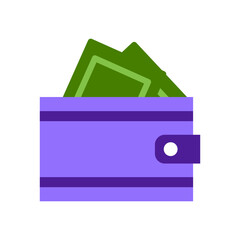 Purple wallet. Wallet with bills. Flat vector illustration.