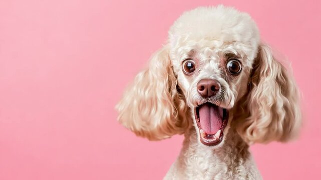 A poodle shows a shocked expression, its mouth open in surprise, highlighting its fluffy coat and playful demeanor on pink backdrop with copy space
