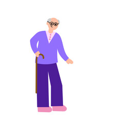 Cute grandfather in glasses with a stick. Simple color vector illustration.