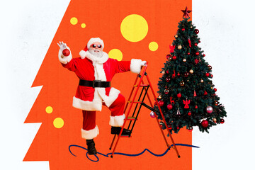 Composite photo collage of happy old santa claus climb ladder new year tree decor bauble xmas celebration isolated on painted background