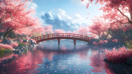 Tranquil Lake with Cherry Blossoms and Bridge - 3D Illustration