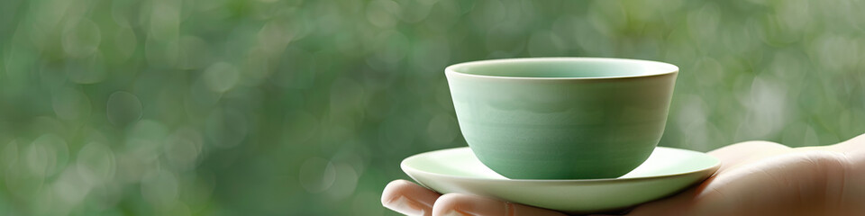 A minimalist close-up of a handheld Japanese tea cup and saucer in a delicate celadon green glaze.