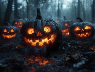 carved halloween pumpkins glowing ominously in a dark, foggy forest, creating a haunting atmosphere that embodies the spirit of halloween and its traditions