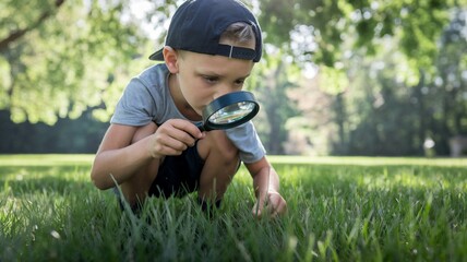 Boy examining insects with a magnifying glass in the backyard