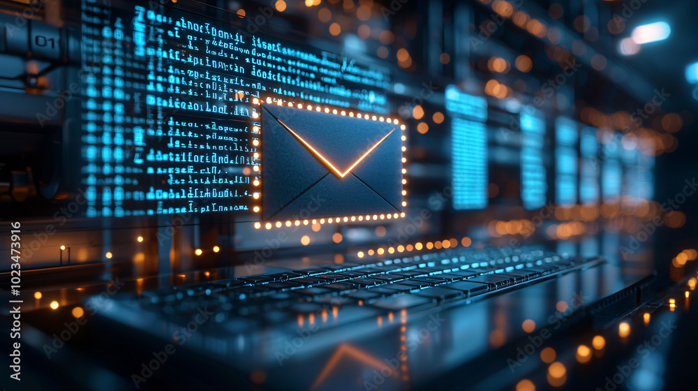 Poster digital email notification concept with glowing envelope icon above keyboard, symbolizing communicat