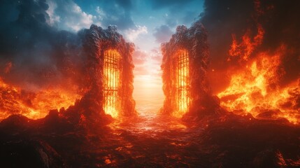 Fototapeta premium A fiery landscape featuring gates surrounded by molten lava and a dramatic sky.