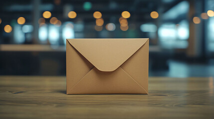 brown envelope sits on wooden table, surrounded by softly blurred background of lights, evoking sense of anticipation and communication