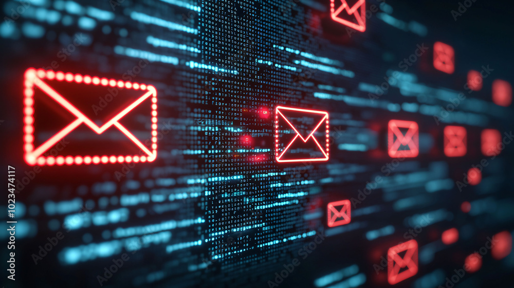 Poster digital email notifications with glowing red icons represent overflowing inbox, highlighting overwhe