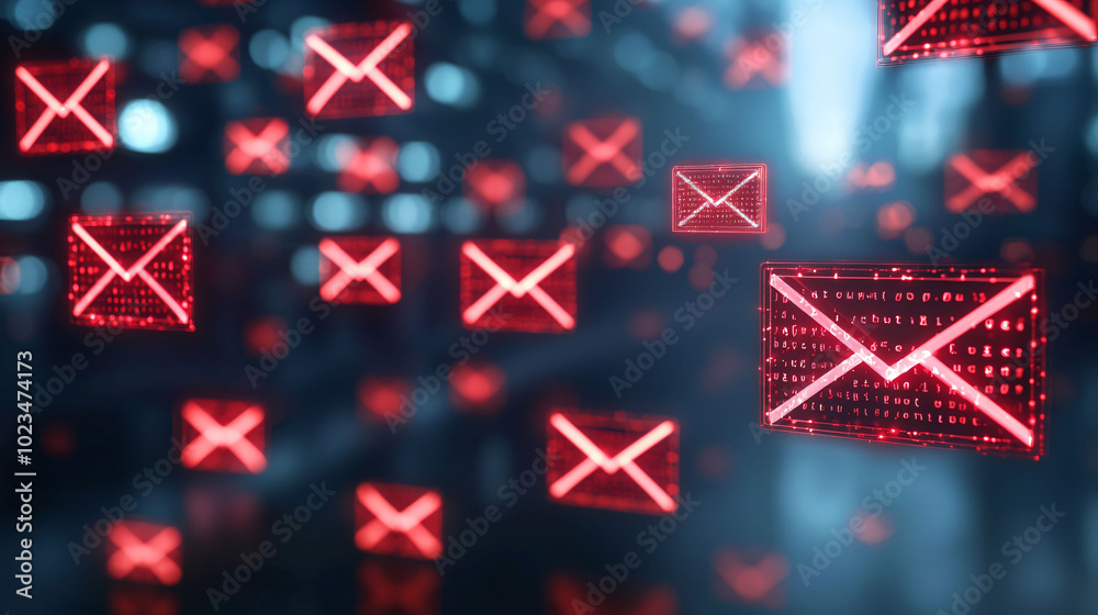 Poster digital representation of overflowing email inbox with red envelopes symbolizing unsolicited emails.