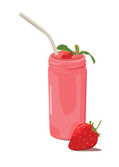 Fresh strawberry juice smoothie in glass cup with straw, mint leaves and strawberry isolated on white. Tasty vegetarian drink vector illustration. Concept of healthy, vegan lifestyle or detox diet