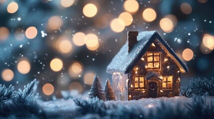 Fototapeta premium Charming decorative house with festive atmosphere at night with bokeh background and winter holiday mood