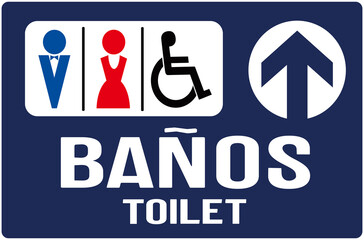 blue sign indicating the way to the men's, women's and disabled bathrooms . Sign in spanish saying toilet.
