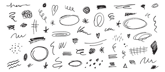 Hand drawn collection pen, pencil, charcoal simple elements. Doodle set different oval, lines, arrows, highlights and shapes in grunge style.
