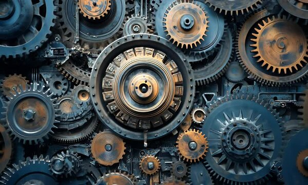 A complex arrangement of gears and cogs, showcasing industrial design and mechanical artistry.