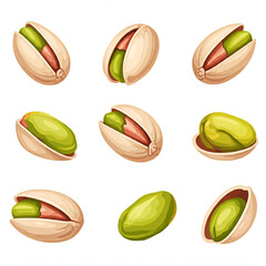 green pistachios in various positions on white background  illustration