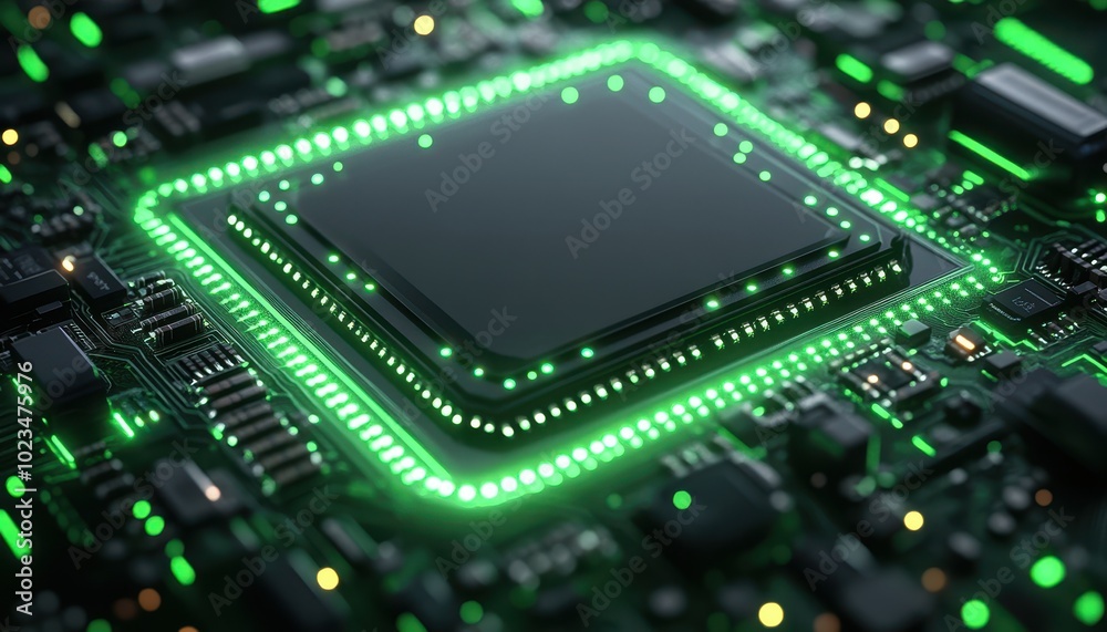 Aufkleber close-up of a glowing green cpu on a circuit board