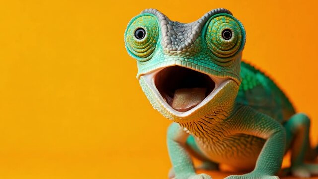 The chameleon displays an enthusiastic expression, its mouth wide open in shock, contrasting against a vivid orange backdrop