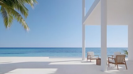 Fototapeta premium Stunning Oceanfront Luxury Suite with Minimalist Design - Expansive and Natural Light Highlighting Elegance by the Sea