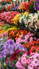 Naklejka premium Vibrant flower market showcasing a diverse array of colorful blooms and cheerful atmosphere