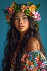 Fototapeta premium Portrait of a young woman with long hair and a vibrant flower crown, tropical fashion, glowing skin, beauty shot, blue background, island vibes, feminine elegance