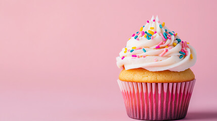 Delicious cupcake with colorful sprinkles and creamy frosting on a pink background, perfect for celebrations and sweet treats.