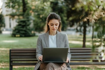 A business woman using her laptop outdoors sitting on