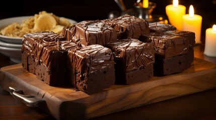 A Rich Chocolate Indulgence A cluster of squares covered in velvety smooth chocolate icing rests on a warm, rustic cutting board, bathed in the soft glow of flickering candlelight.