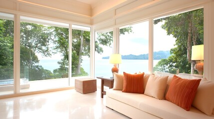 Fototapeta premium Elegant Oceanfront Luxury Retreat with Expansive - Serene Atmosphere and Calm Sea Views for Tranquil Getaways