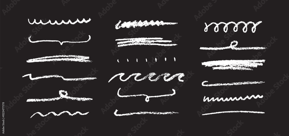 Poster Doodle chalk underlines set. White line sketches with charcoal marks. Hand drawn vector elements on black background.