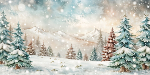 Snowy Forest Landscape with Mountains in the Background and Copy Space