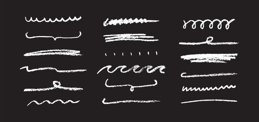 Doodle chalk underlines set. White line sketches with charcoal marks. Hand drawn vector elements on black background.