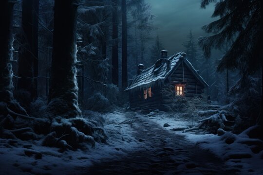 Cabin in snowy forest spooky tranquility architecture building house.