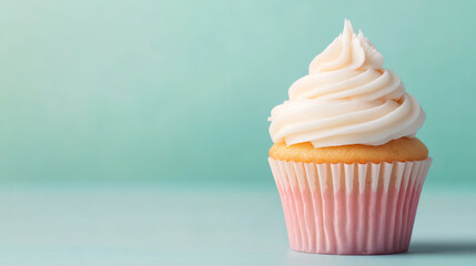 Delicious cupcake with creamy frosting on a pastel background, perfect for dessert lovers and baking enthusiasts.