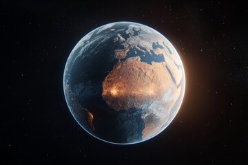 Fototapeta premium Planet Earth Seen from Space with Sunlight Glowing Blue Against Dark Background