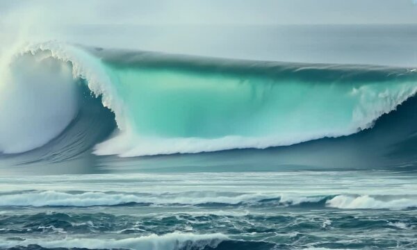 Incredible tube wave crashes and glimmers in the bright summer sunlight. Breathtaking ocean wave swirls towards the beach. Massive tropical wave rolls in from the vast ocean.