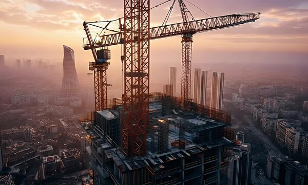 A construction site with a crane at sunset, overlooking a city skyline.
